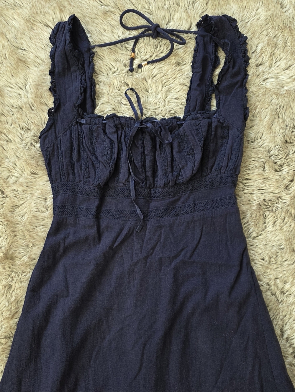 Free People Moon‎ Eyes Midi Dress Navy Blue Sleeveless Lace Trim Women's - Picture 4 of 14